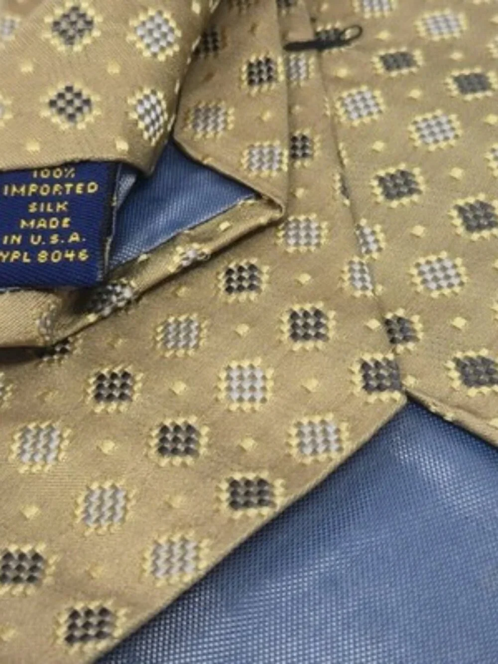 Club Room Men's Tie Gold Champagne Geometric Square Pattern 100% Imported Silk